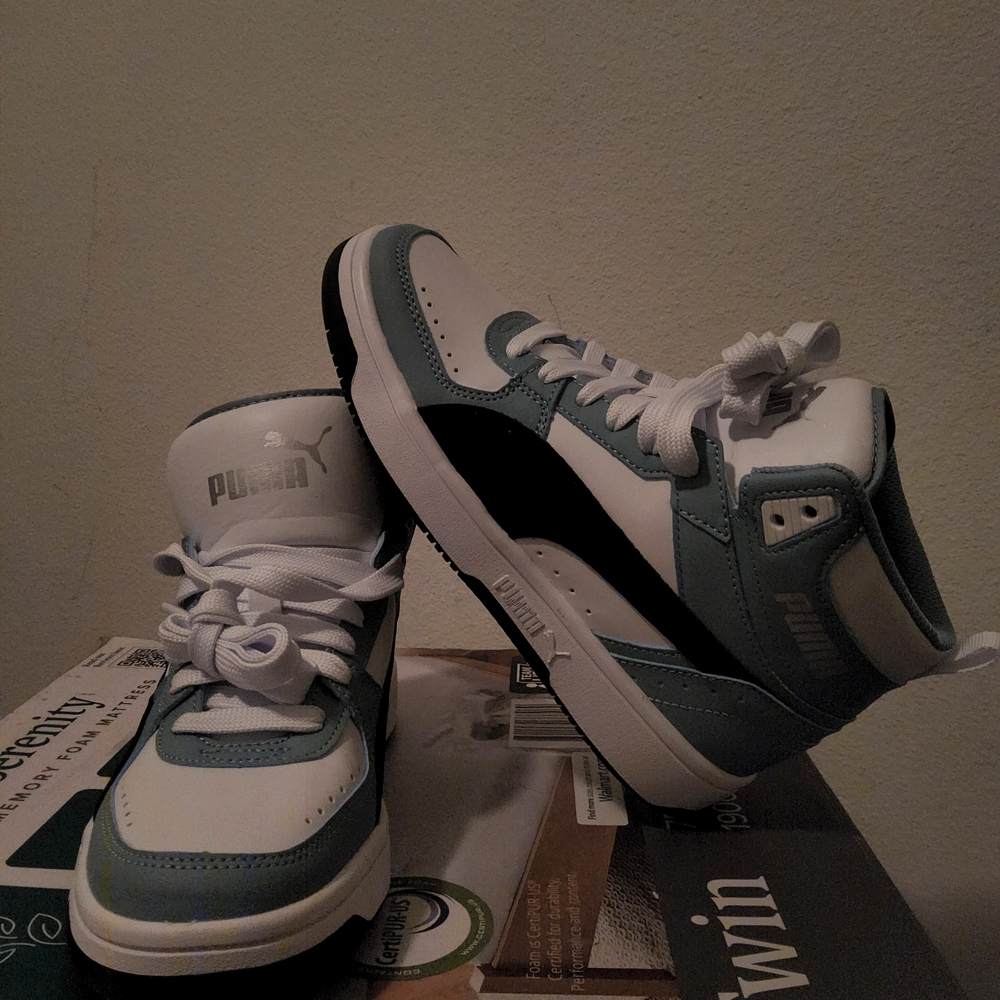 Puma Kids White and Light Blue High-Top Sneakers